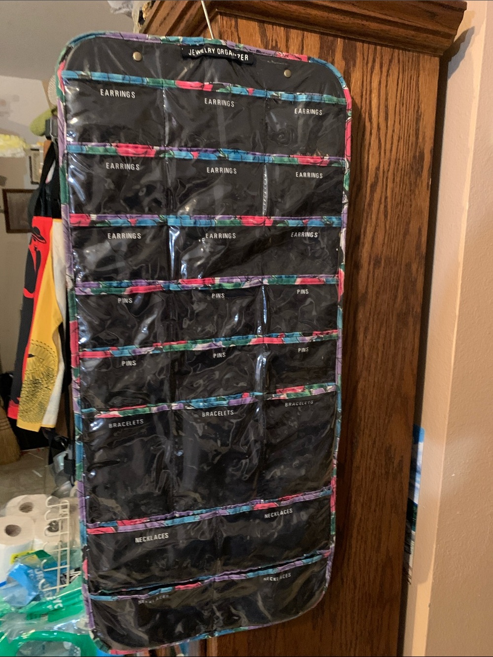 Claire’s Multi-Pocket Jewelry Organizer Hanging Storage - Black with Floral Trim